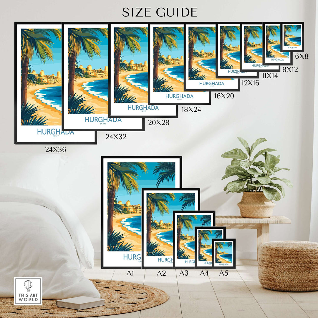 Size guide for Hurghada Egypt wall art prints in various dimensions, showcasing vibrant coastal scenes.
