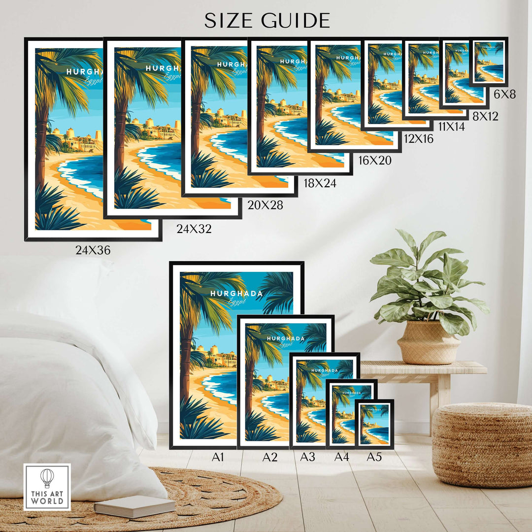 Size guide for Hurghada Egypt beach poster showcasing various frame sizes in a stylish interior setting.