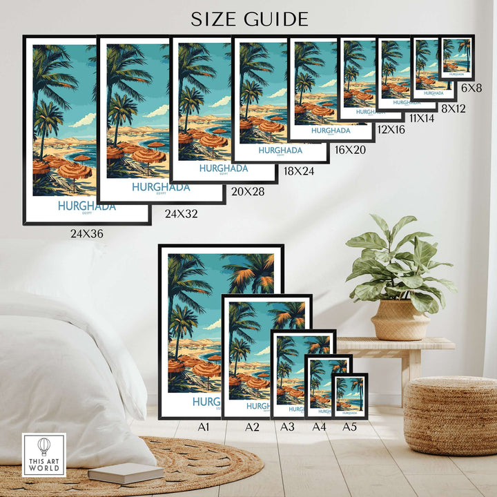 Size guide for Hurghada poster prints showcasing various frame sizes and vibrant beach scene decor.