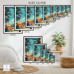 Hurghada Egypt Print - Tropical Vacation Wall Art size guide with various frame dimensions displayed.