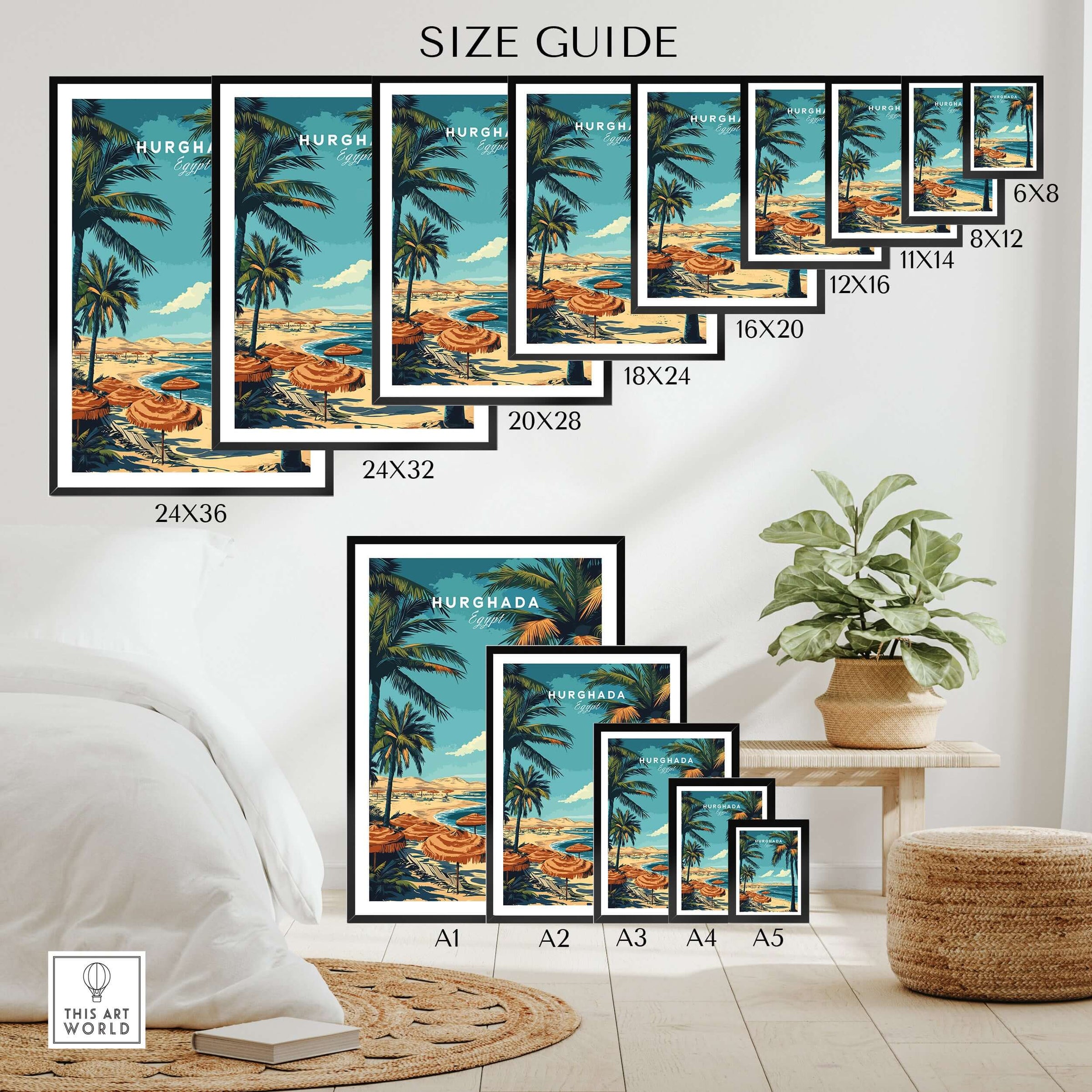 Hurghada Egypt Print - Tropical Vacation Wall Art size guide with various frame dimensions displayed.