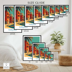 Hurghada Egypt Wall Art - Travel Print size guide featuring various frame dimensions and vibrant coastal designs.