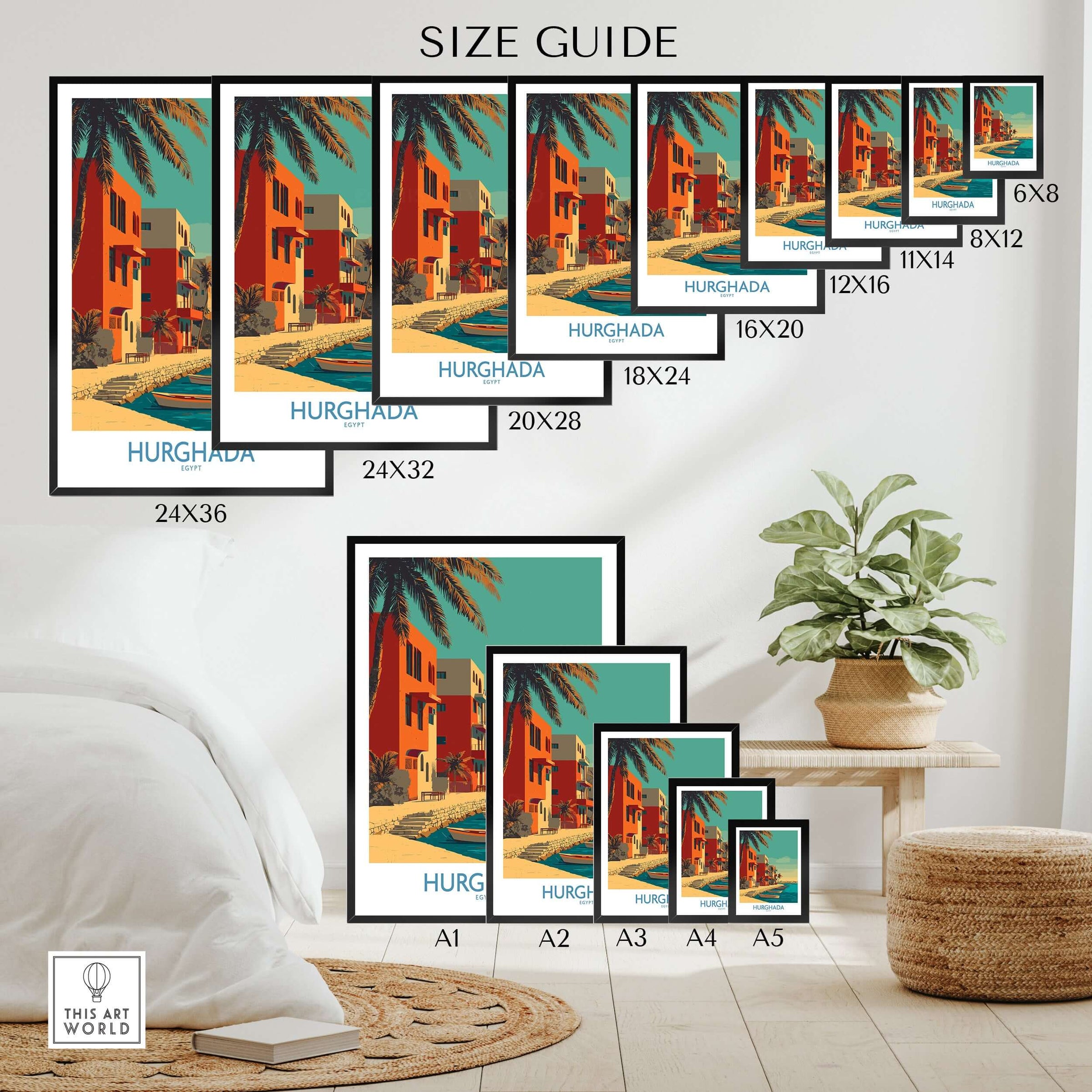 Hurghada Egypt Wall Art - Travel Print size guide featuring various frame dimensions and vibrant coastal designs.
