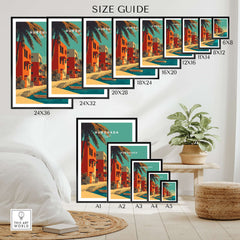Hurghada Egypt Poster - Red Sea Boats Print size guide with various frame options and tropical artwork display.