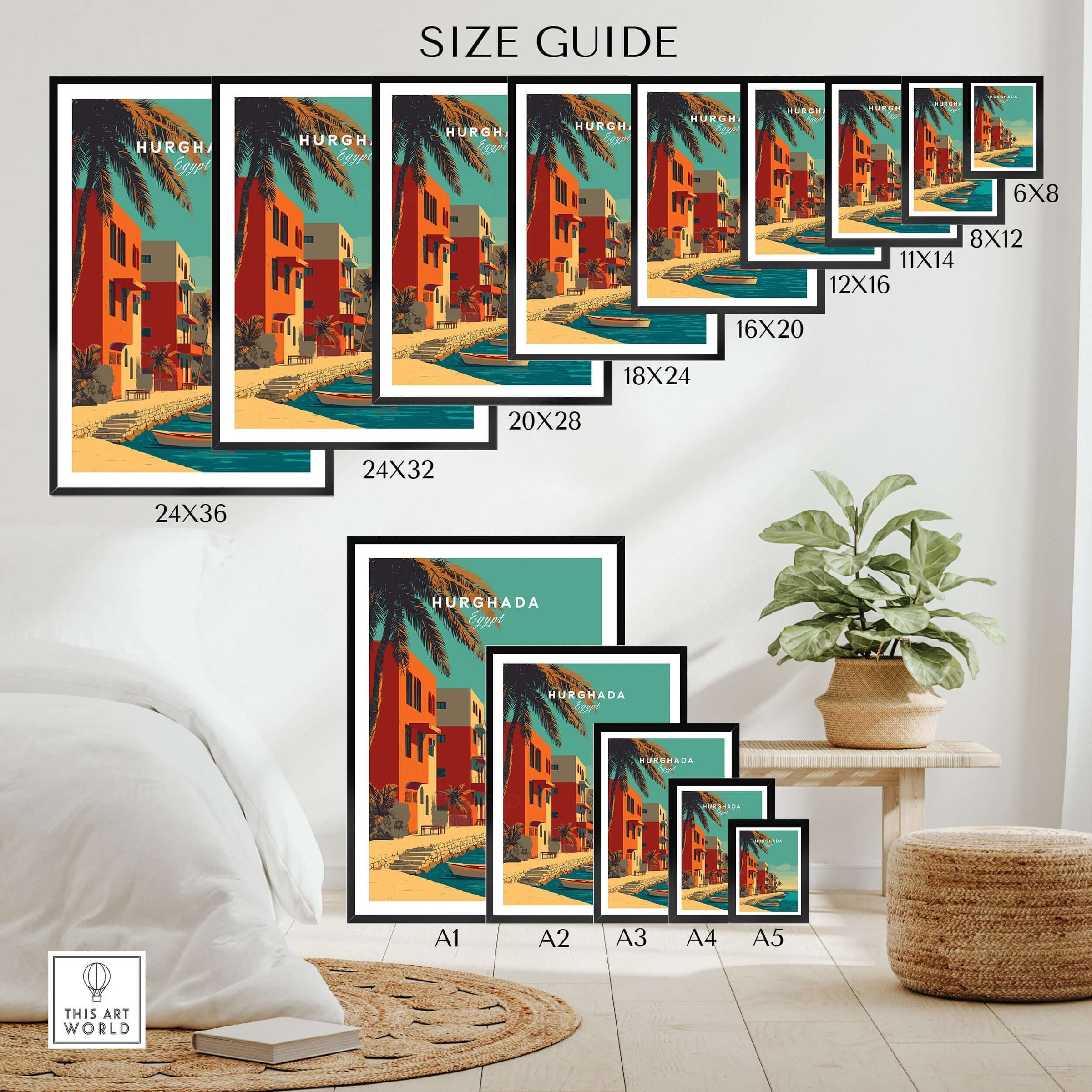 Hurghada Egypt Poster - Red Sea Boats Print size guide with various frame options and tropical artwork display.