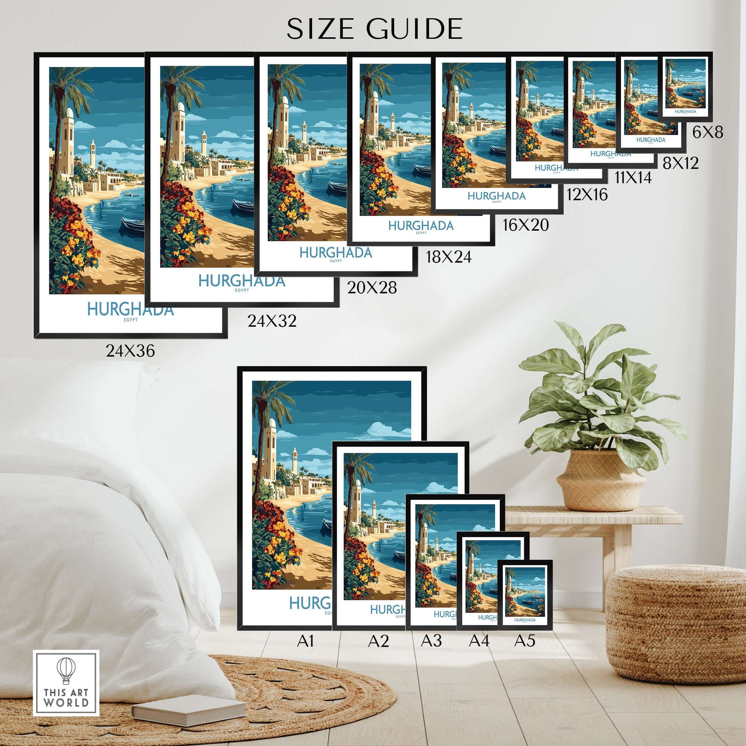 Hurghada Poster Egypt Art Print size guide showing various frame sizes and vibrant coastal artwork.