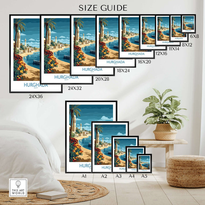 Size guide for Hurghada Poster Egypt Art Print showing various frame sizes in a stylish living room setting.