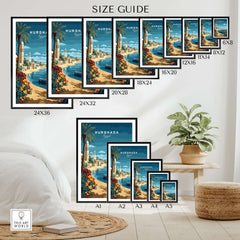 Hurghada Print Egypt - Red Sea Travel Wall Art size guide showcasing various framed options.
