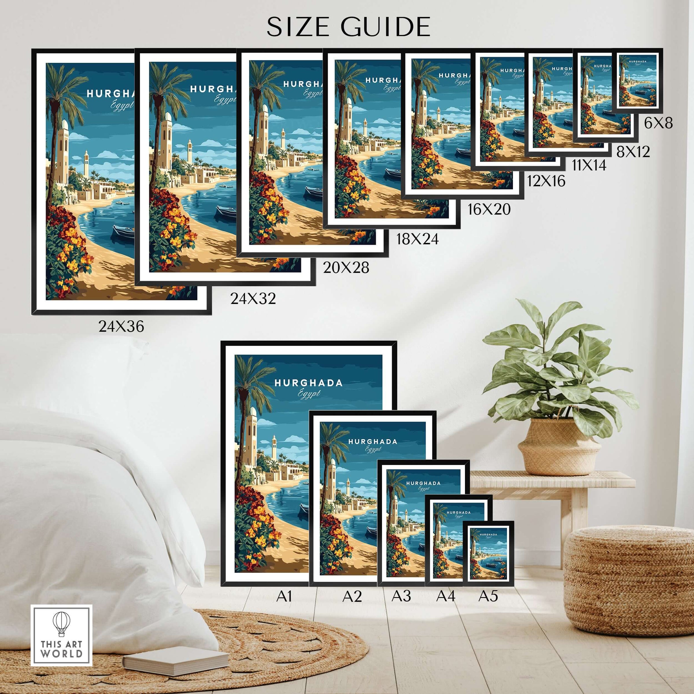 Hurghada Print Egypt - Red Sea Travel Wall Art size guide showcasing various framed options.
