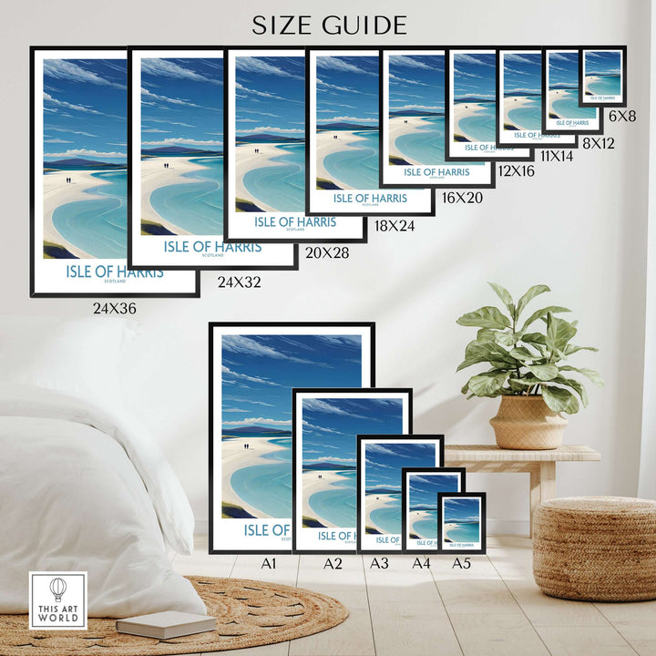 Size guide for Isle of Harris travel poster print featuring various frame sizes on a stylish interior backdrop.