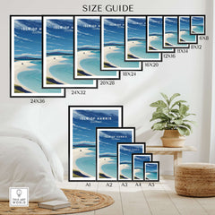 Isle of Harris Scotland Luskentyre Beach Print - White Sand Coastal Wall Art size guide for various frame dimensions.