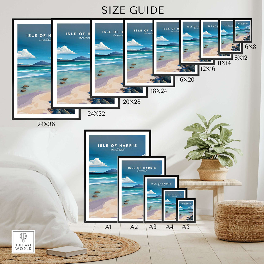 Size guide for Isle of Harris Scotland blue sky beach print in various frame sizes displayed in a stylish room.