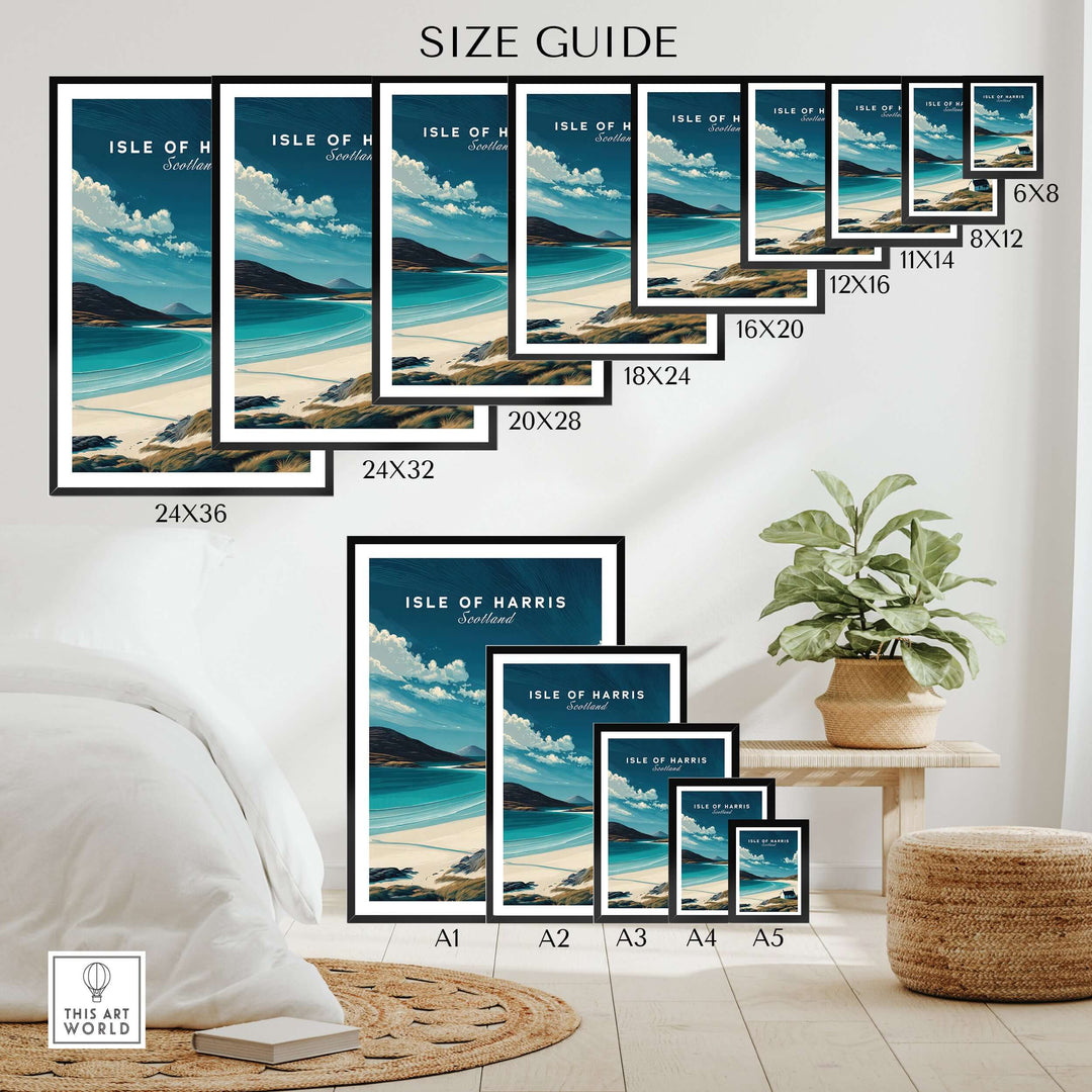 Size guide for Isle of Harris beach house seascape posters in various dimensions displayed in a stylish interior.