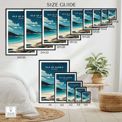 Isle of Harris Scotland Beach House Seascape Poster - Remote Scottish Isle Print size guide with various frame dimensions.
