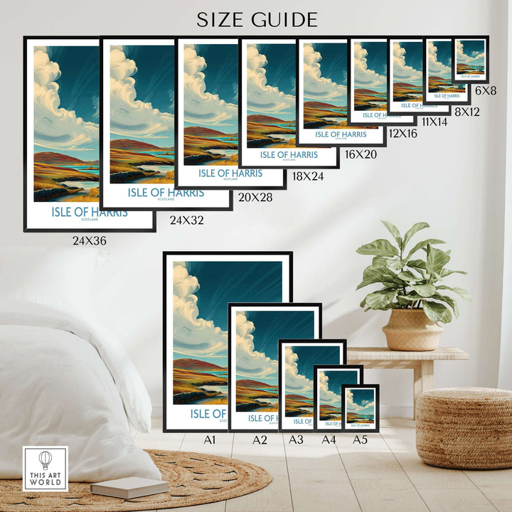 Size guide for Isle of Harris poster showcasing various dimensions for home decor options.