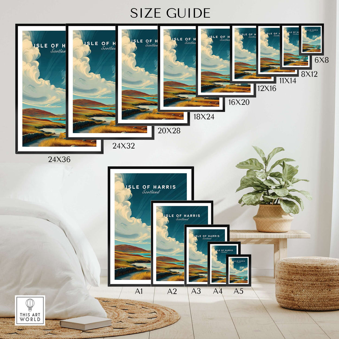 Size guide for Isle of Harris print, showing various frame sizes with coastal landscape design in a cozy setting.