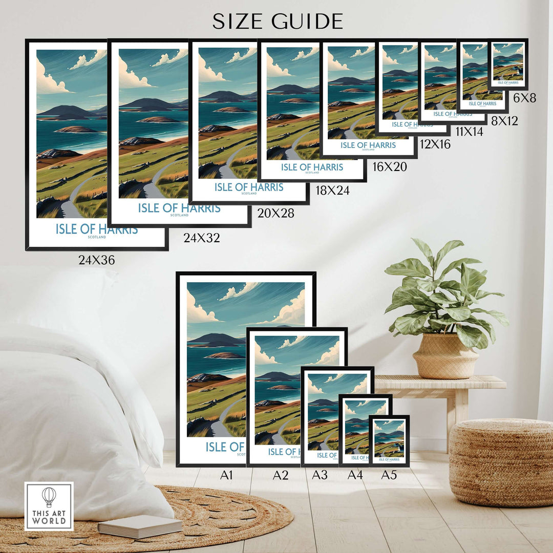 Size guide for Isle of Harris landscape poster showcasing various frame sizes in an elegant setting.