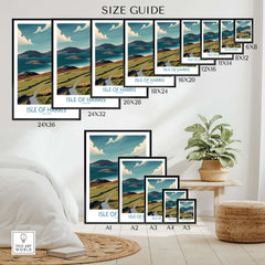 Isle of Harris Scotland Hebridean Landscape Poster - Remote Scottish Island Artwork size guide showing various frame sizes.