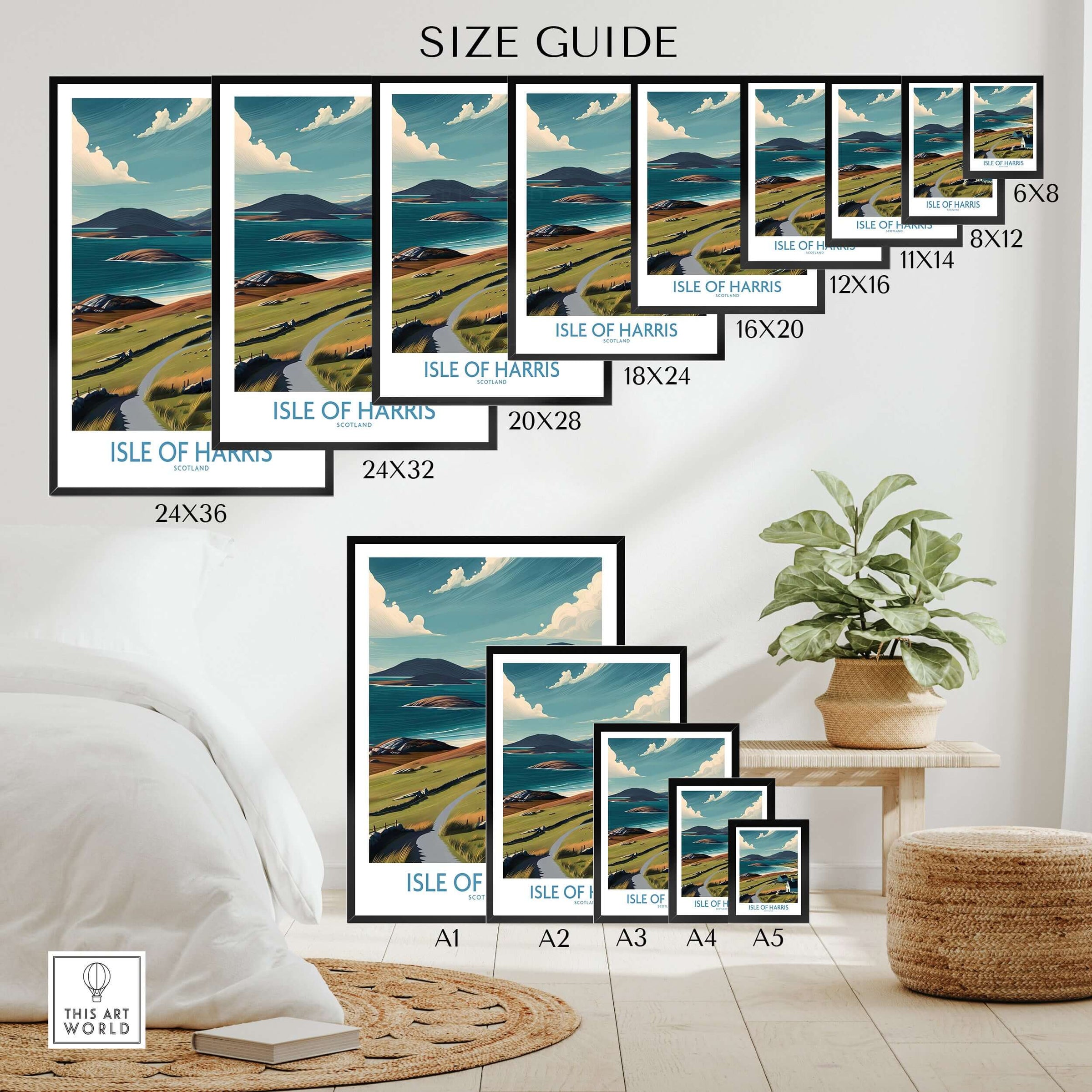 Isle of Harris Scotland Hebridean Landscape Poster - Remote Scottish Island Artwork size guide showing various frame sizes.