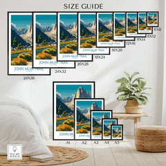 John Muir Trail California Alpine Valley Poster - Yosemite National Park Print size guide with various frame options.