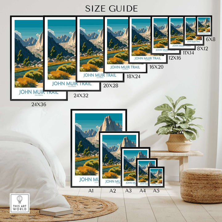 Size guide for John Muir Trail poster featuring various frame sizes showcasing Yosemite National Park's landscapes.