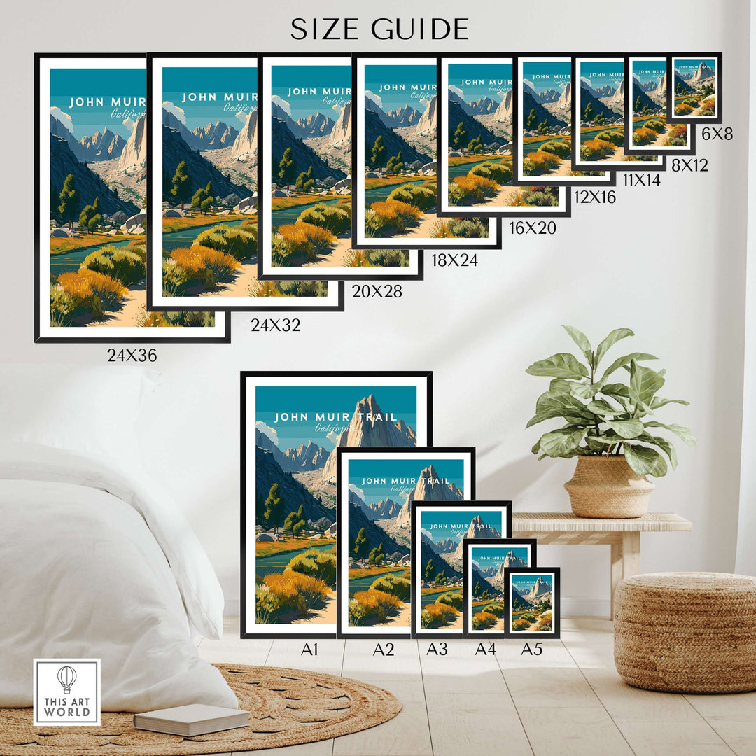 Size guide for John Muir Trail California mountain prints in various sizes for home decor.
