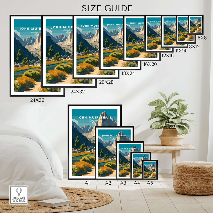 Size guide for John Muir Trail California mountain prints in various sizes for home decor.