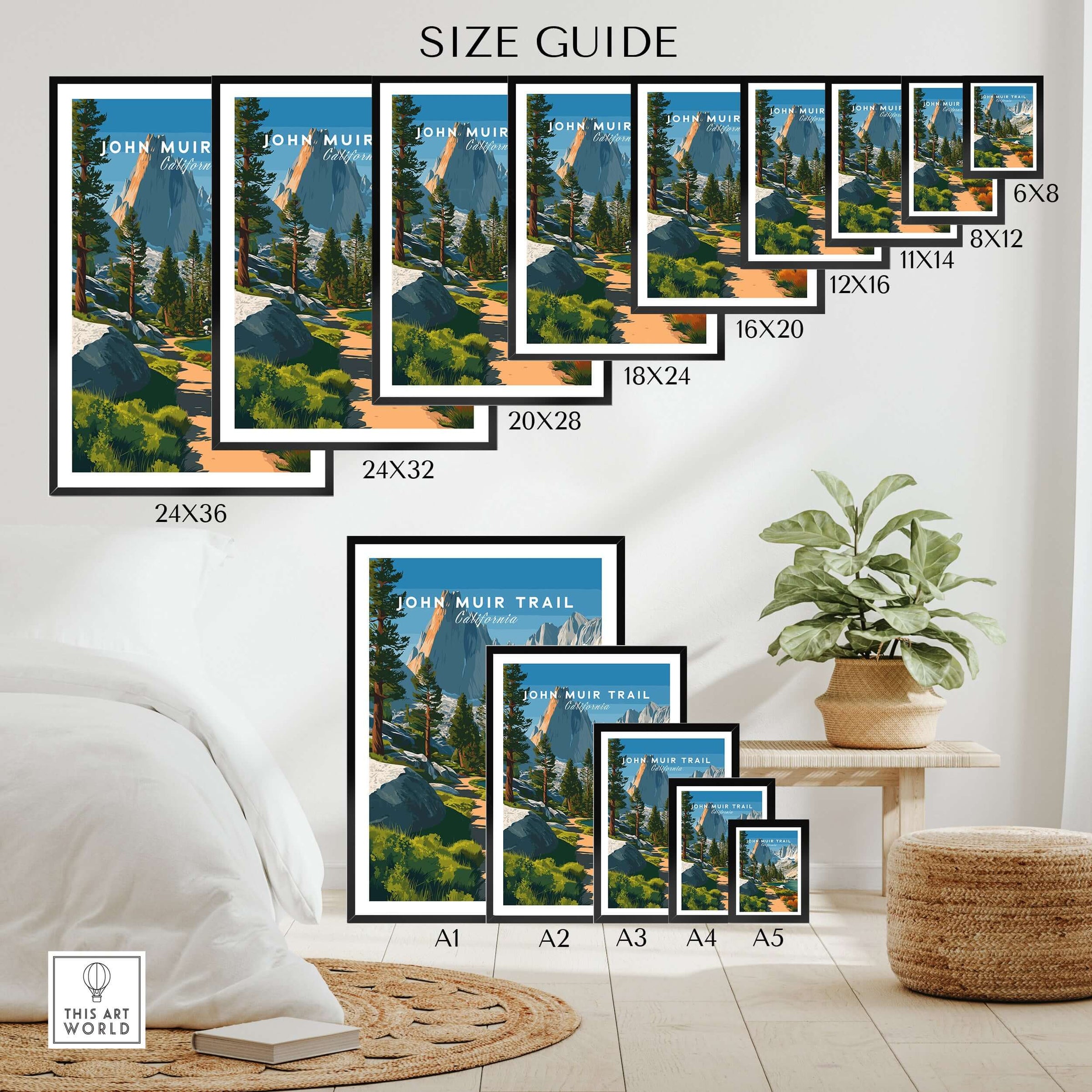 John Muir Trail California Lakeside Mountain Trail Poster - Wilderness Landscape Print size guide with various frame sizes