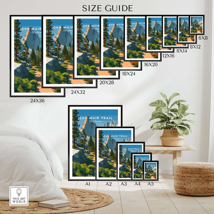 Size guide for John Muir Trail Lakeside Mountain Trail posters in various dimensions.