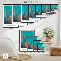 Kuala Lumpur Malaysia Urban Cityscape Poster - Malaysian Capital Art Print size guide with various frame dimensions.