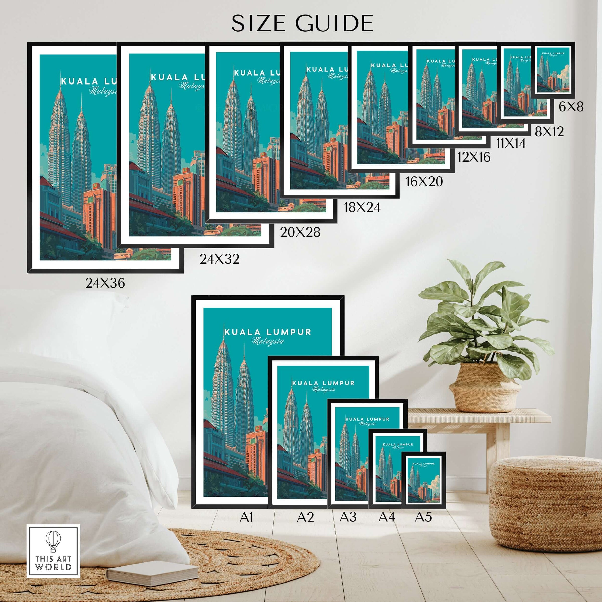 Kuala Lumpur Malaysia Print Petronas Towers Skyline Poster - Modern City Wall Art size guide for various frames.