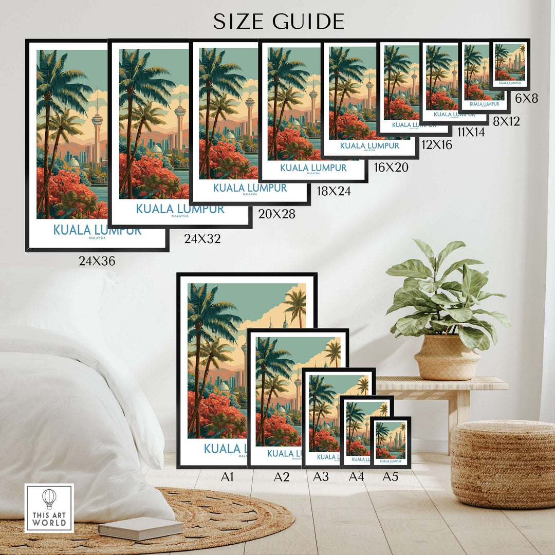 Size guide poster features for Kuala Lumpur Malaysia skyline print, showcasing available sizes and design.