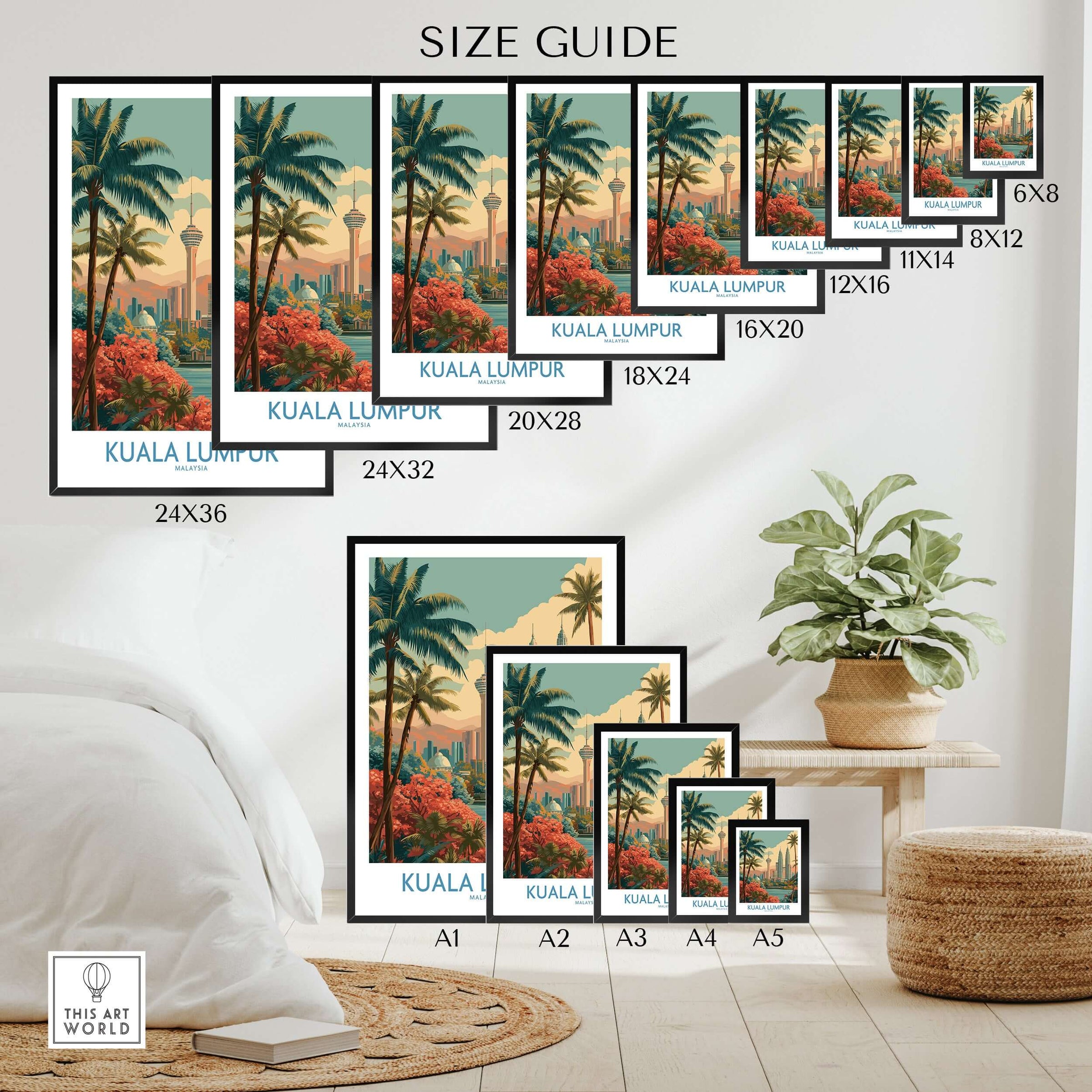Kuala Lumpur Poster Malaysia Skyline - Malaysian Urban Travel Print size guide featuring different frame sizes.