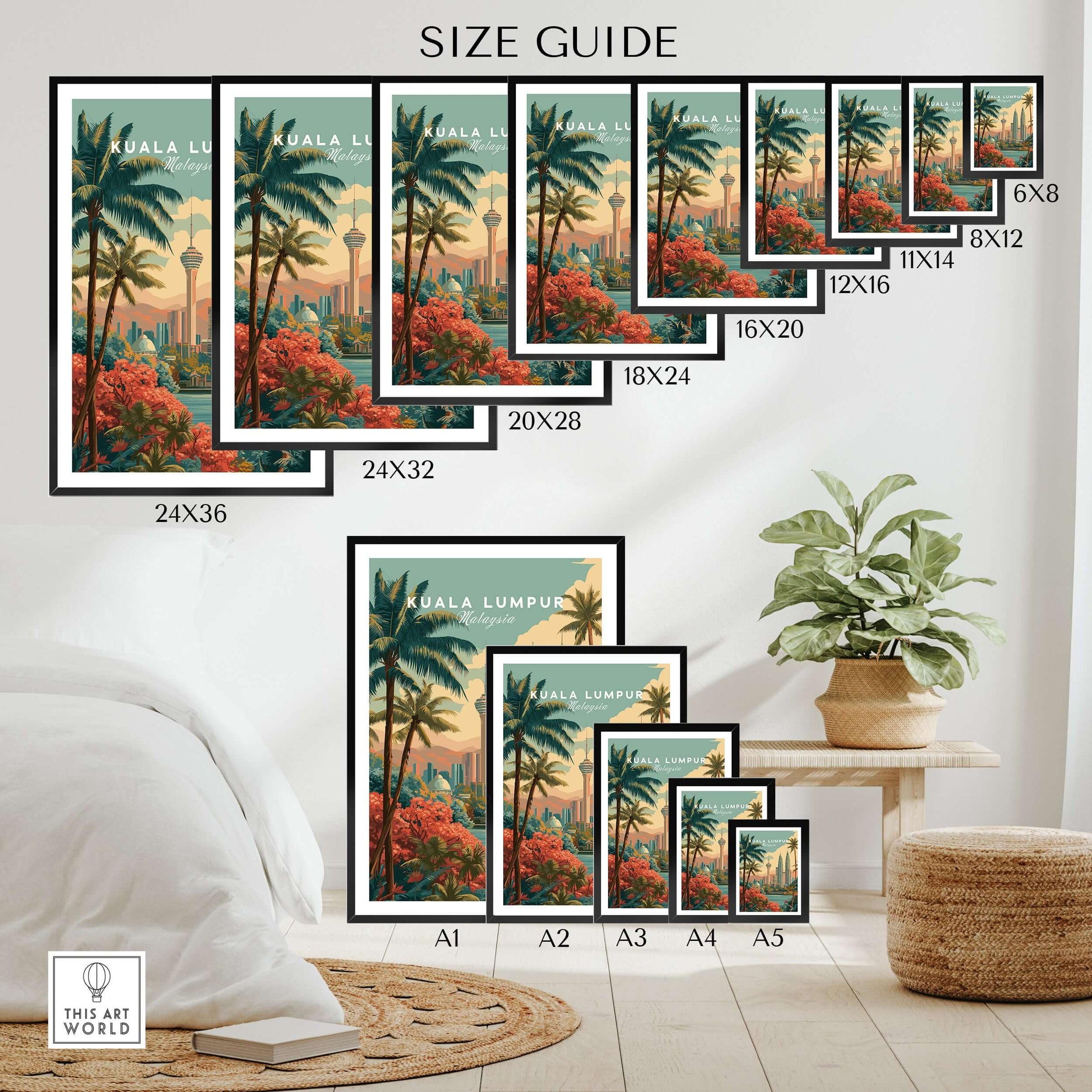Kuala Lumpur Print Malaysia Petronas Towers & KL Tower - Cityscape Wall Art size guide with framed prints on display.