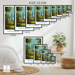 Kuala Lumpur Malaysia Skyline Poster - Malaysian Capital Wall Art Size Guide with style variations displayed.