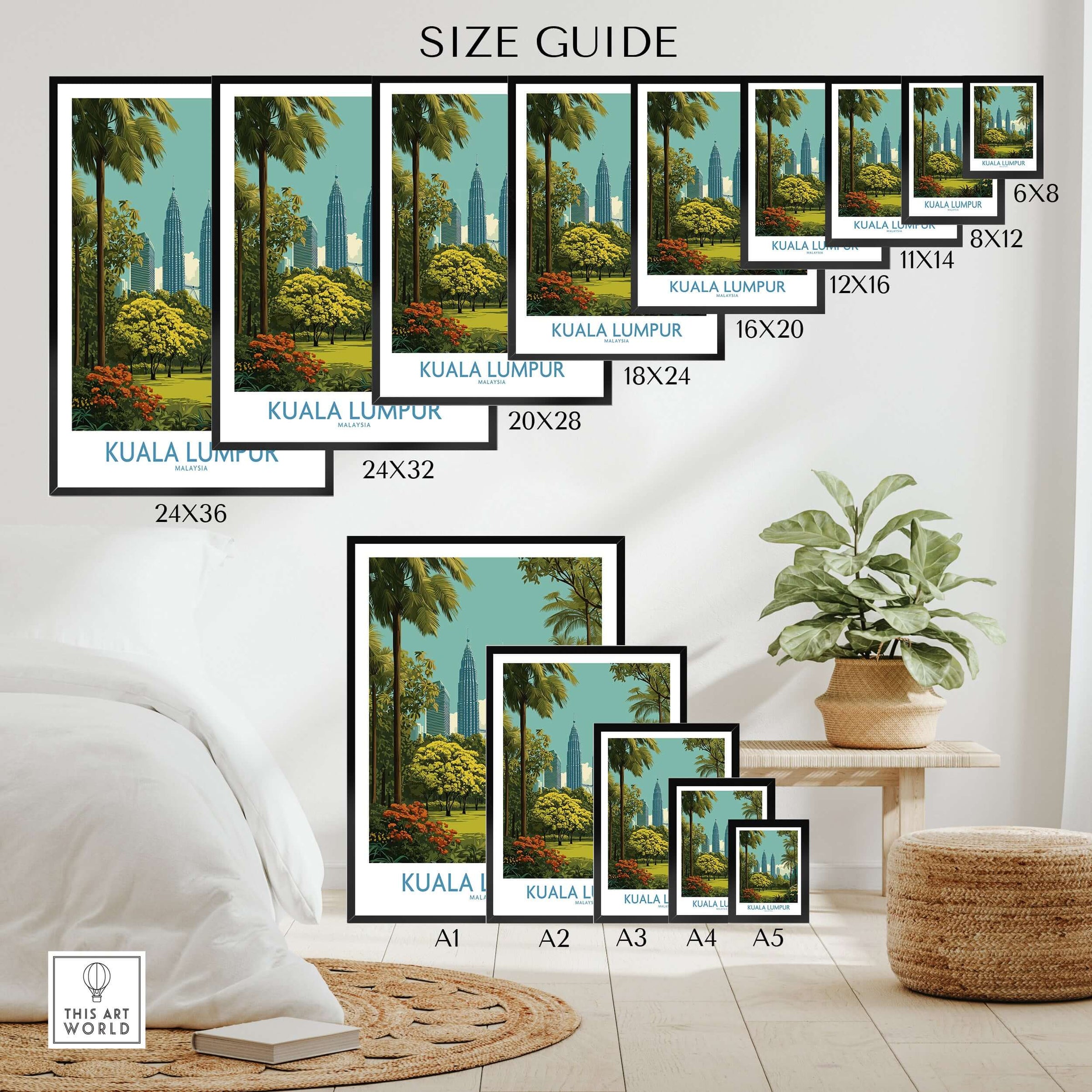 Kuala Lumpur Malaysia Skyline Poster - Malaysian Capital Wall Art Size Guide with style variations displayed.