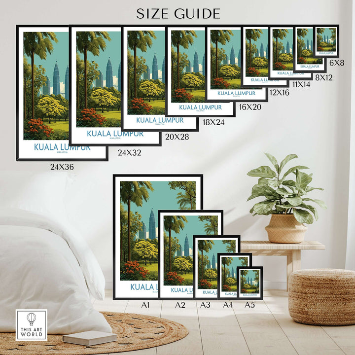 Size guide for Kuala Lumpur Skyline poster in various frame sizes and styles, displayed in a modern home setting.