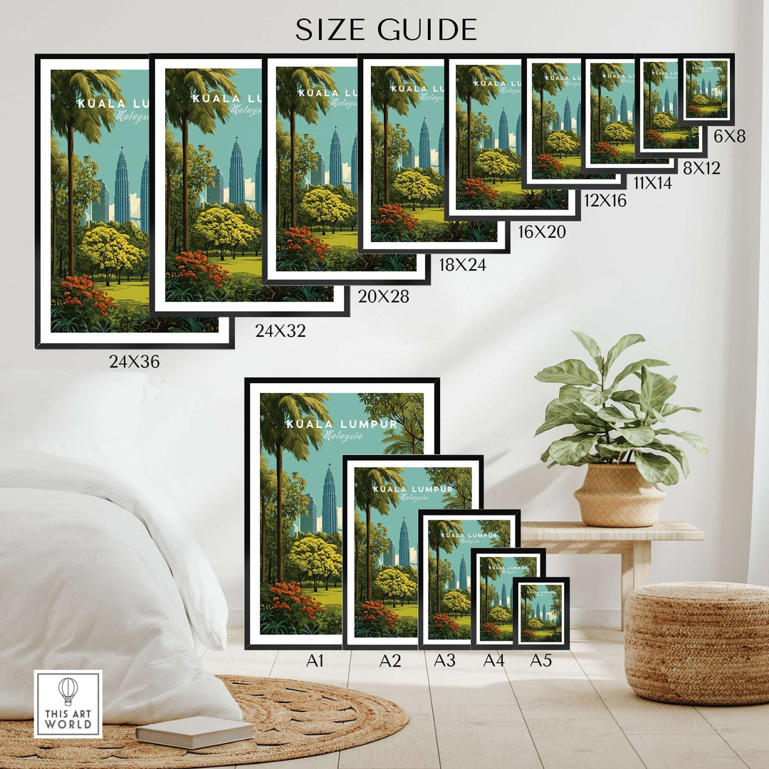 Size guide for Kuala Lumpur Twin Towers Garden Print showcasing various frame sizes in a stylish interior.