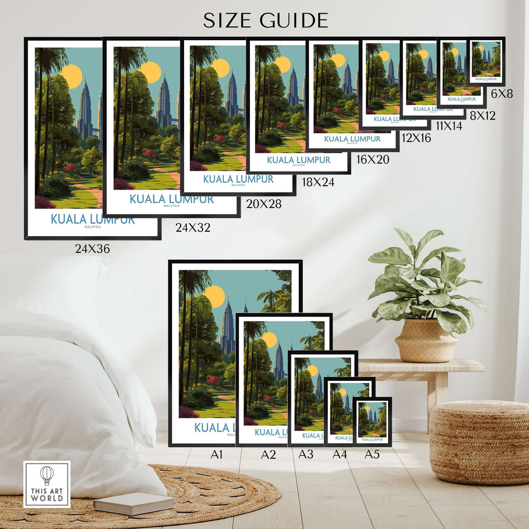 Size guide for Kuala Lumpur Malaysia Print showcasing various frame sizes on a stylish interior wall setting.