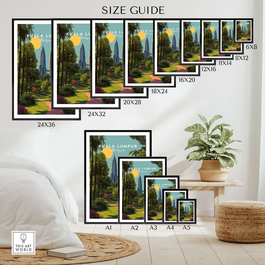 Size guide for Kuala Lumpur Malaysia poster featuring Petronas Towers in various frame dimensions.