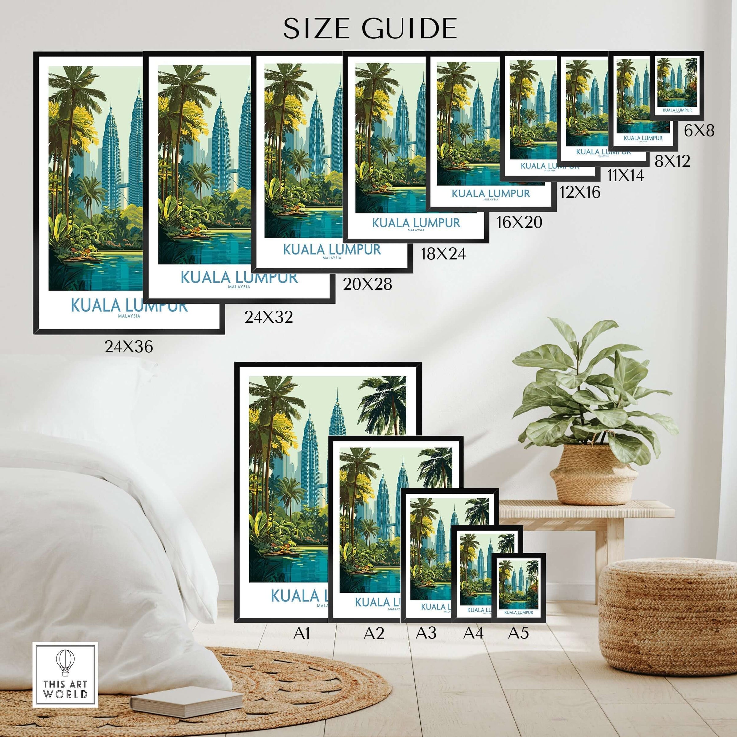 Kuala Lumpur Malaysia KLCC Park Wall Art - Malaysian Skyline Art Print size guide with various frame sizes.