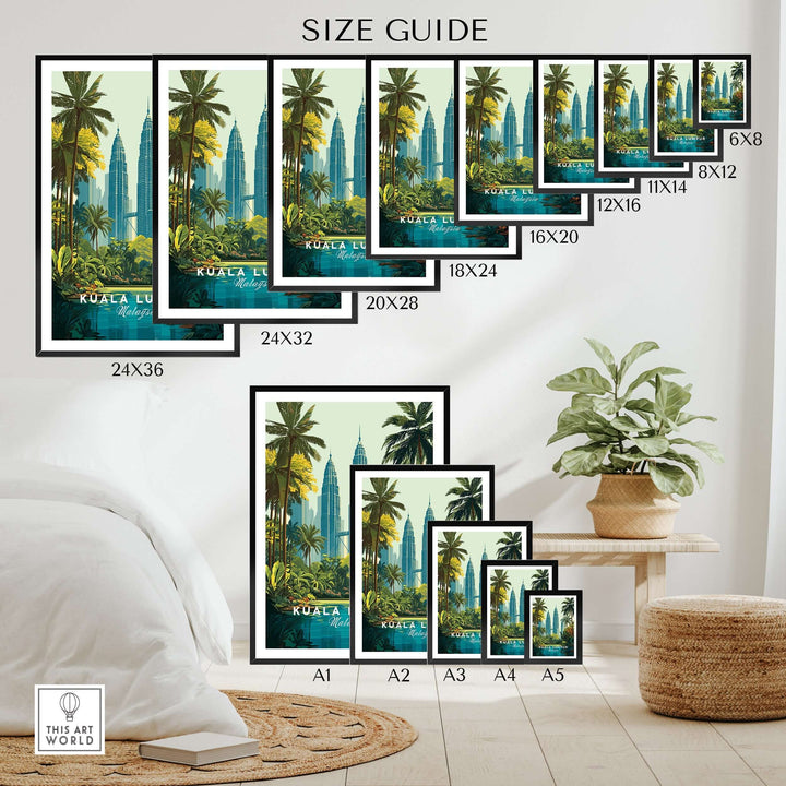 Kuala Lumpur Twin Towers print size guide with various frame options and tropical plant decor.