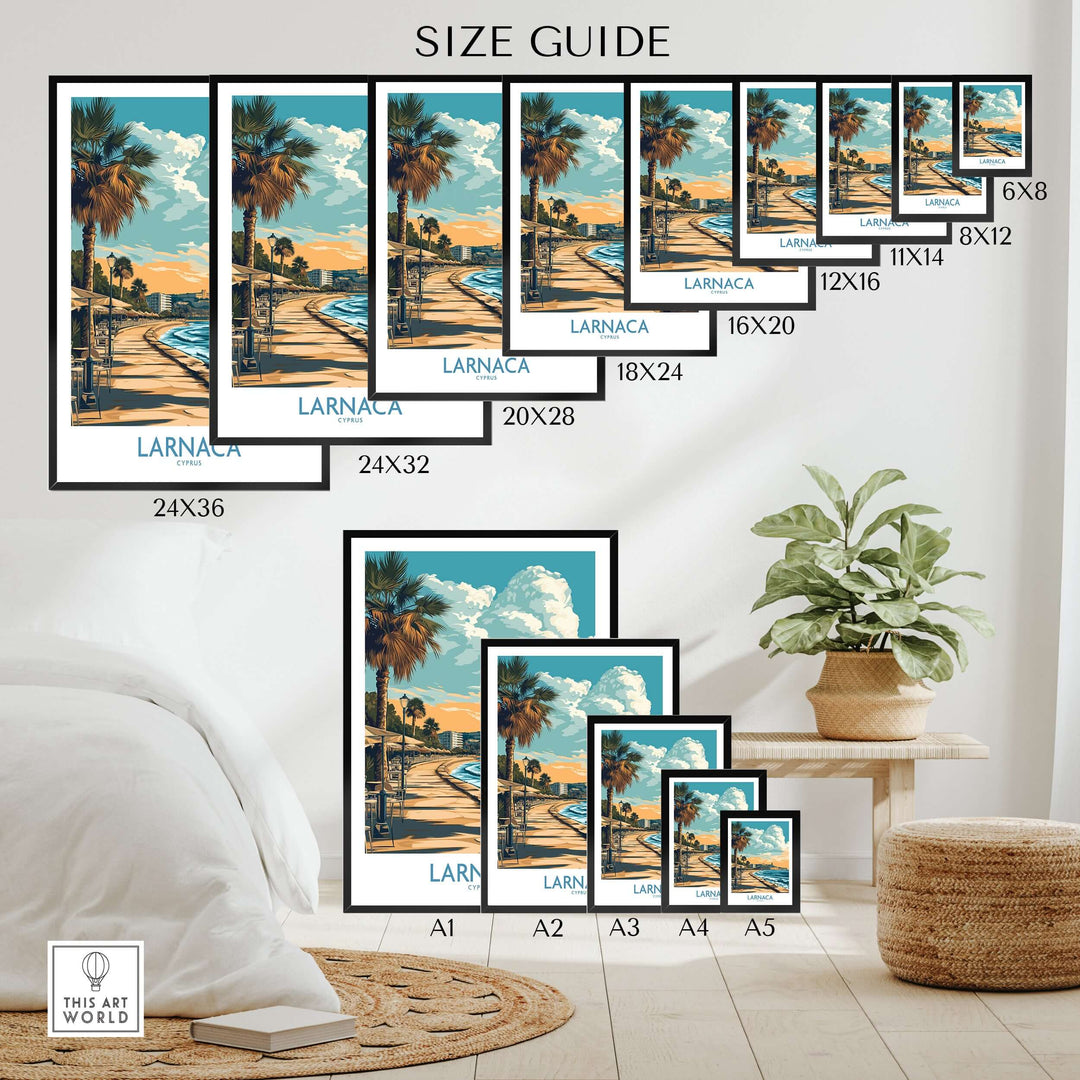Size guide for Larnaca poster prints featuring palm trees and sunset, showcasing various frame sizes in a cozy setting.