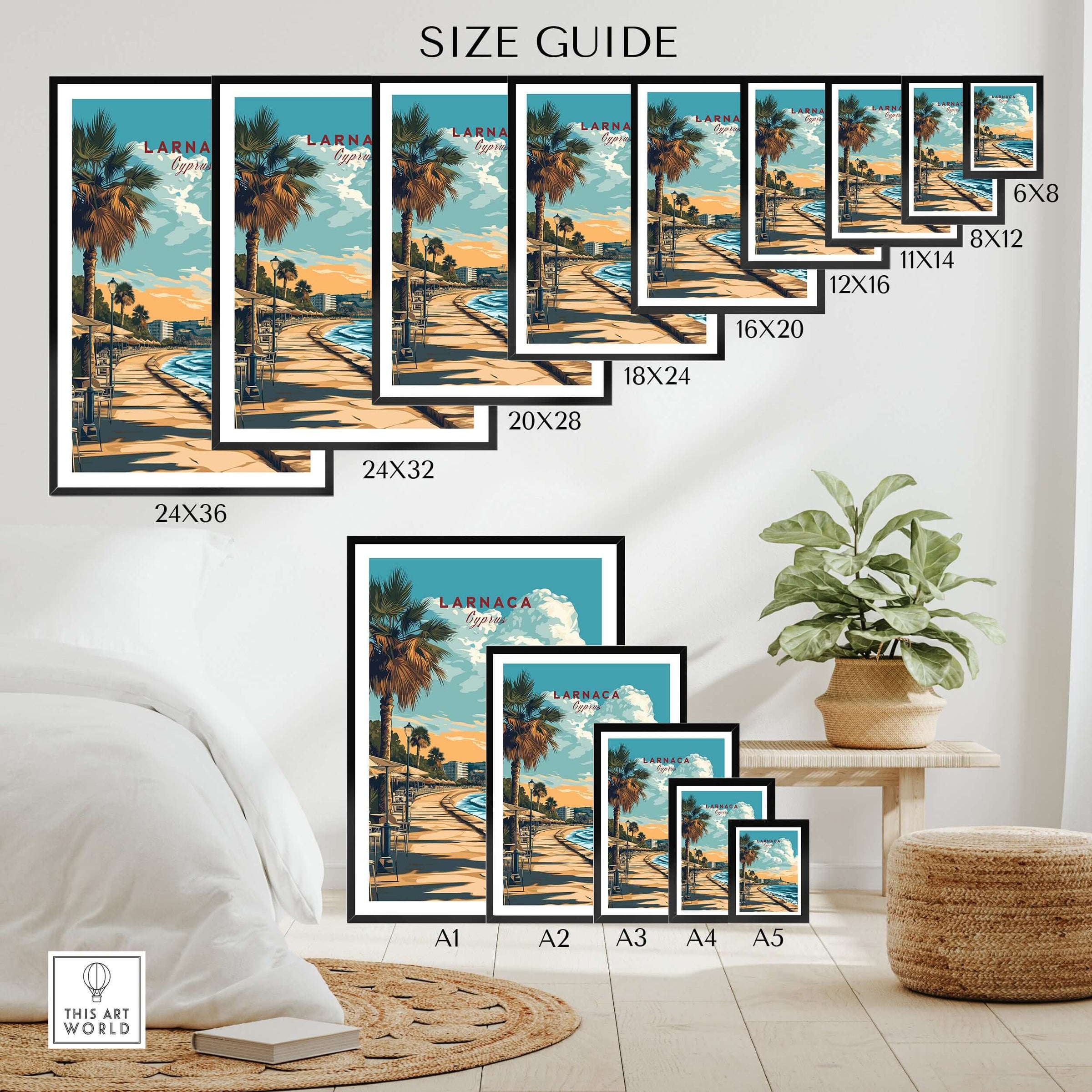 Larnaca Print Cyprus Beachfront Promenade - Mediterranean Coastal Wall Art size guide with various frame options.