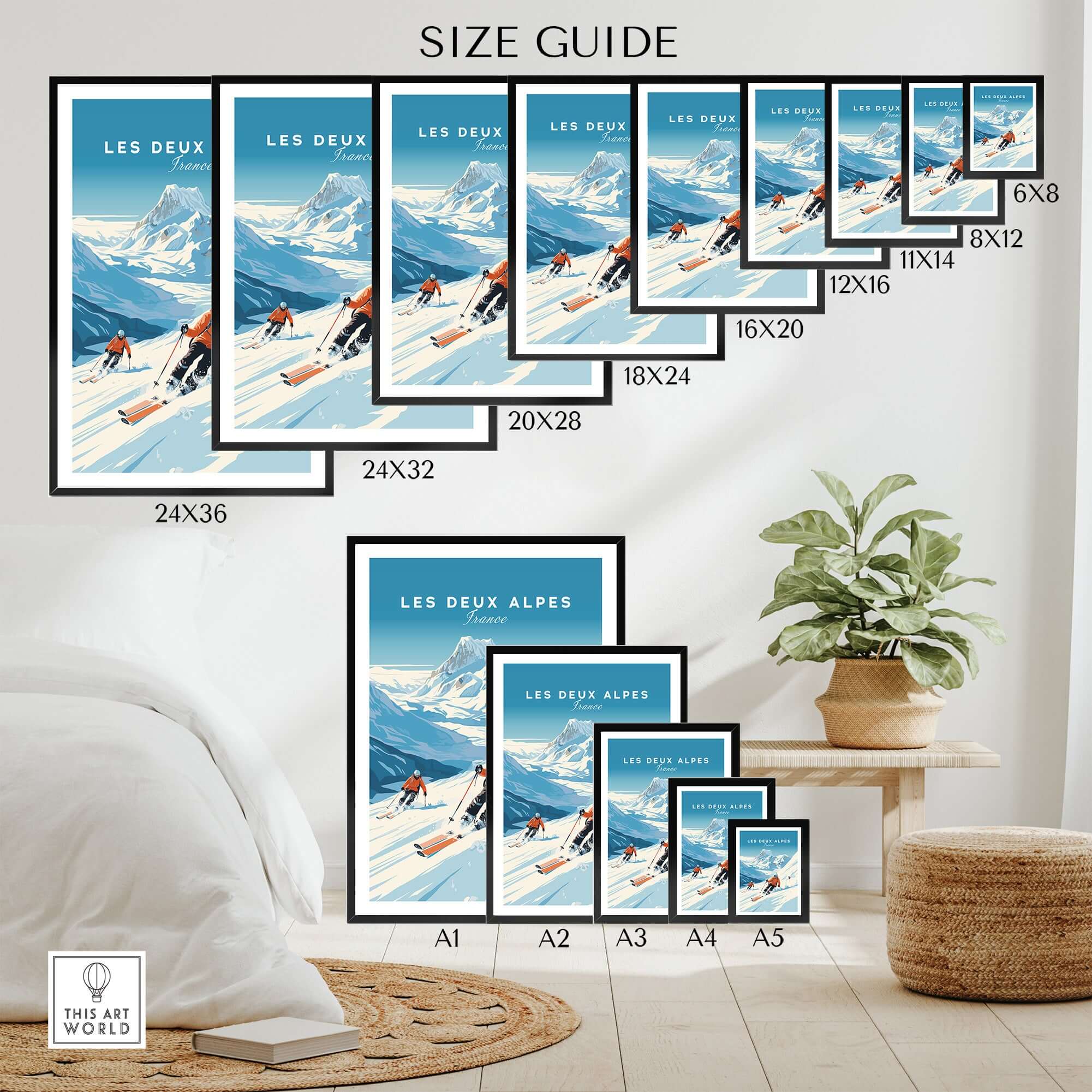 Les Deux Alpes poster size guide showcasing various print dimensions in a stylish home setting. Perfect for ski decor enthusiasts.