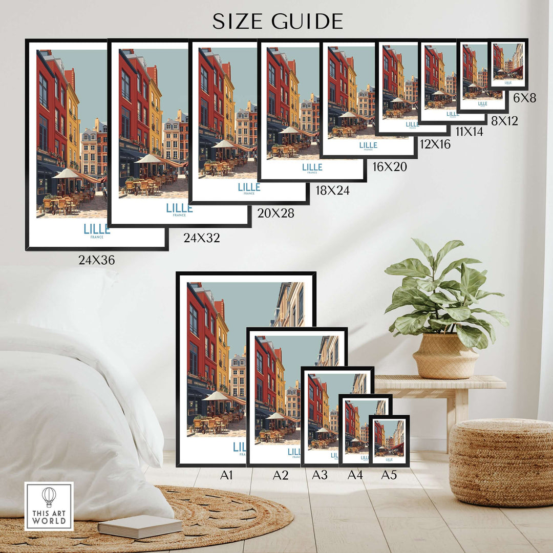 Size guide for Lille France French Cafe Culture poster showing various dimensions for wall art display.
