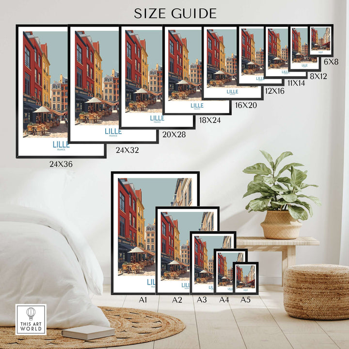Size guide for Lille France French Cafe Culture poster showing various dimensions for wall art display.