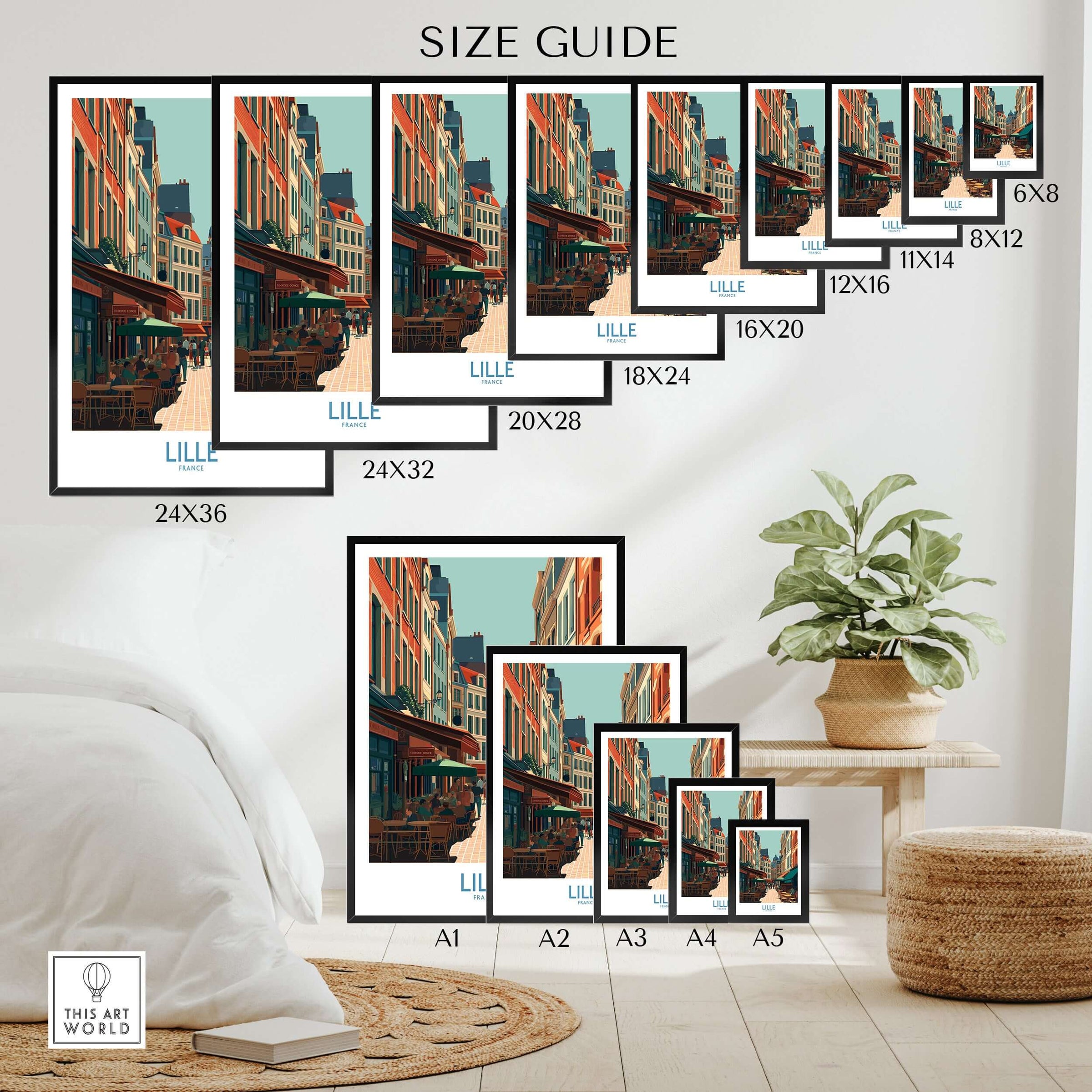 Lille France Wall Art - French Cityscape Decor size guide showing various frame sizes