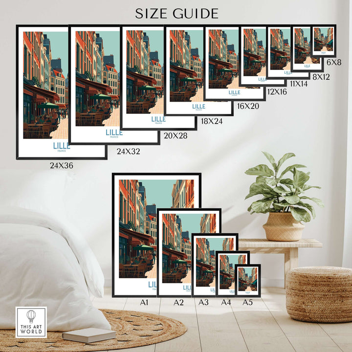 Size guide for Lille France wall art showcasing various dimensions and urban cityscape decor.