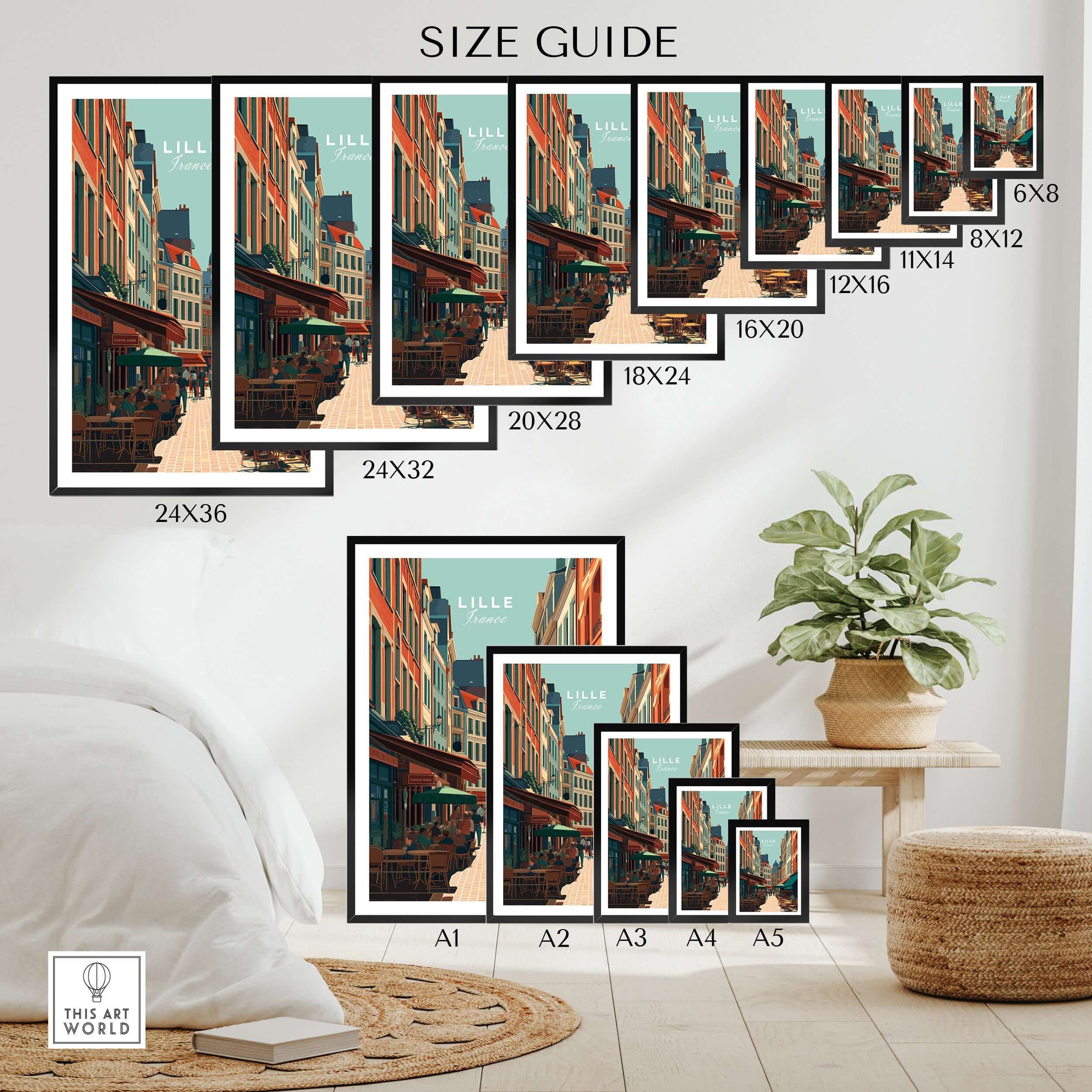 Lille France Old Town Square Poster - Charming European City Print size guide with various frame sizes.